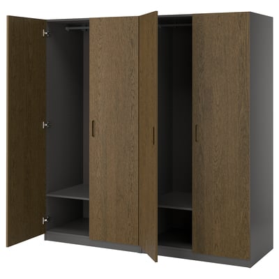A PAX wardrobe with four wooden doors in a dark brown finish, featuring a sleek and modern design.
