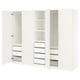 Option: A white PAX wardrobe with open doors, featuring shelves, drawers, and a mesh basket for clothing storage.