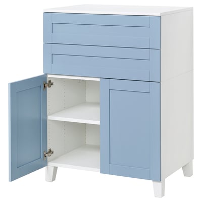 A blue and white PLATSA storage unit with open doors, revealing shelves inside. It a modern design with clean lines and adjustable legs.