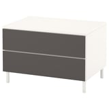 Modern PLATSA nightstand, white/gray, square shape, two drawers, minimalist design.