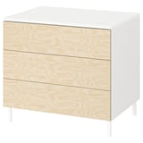 Colorful PLATSA storage unit, white and light wood tone, modern design with three drawers.