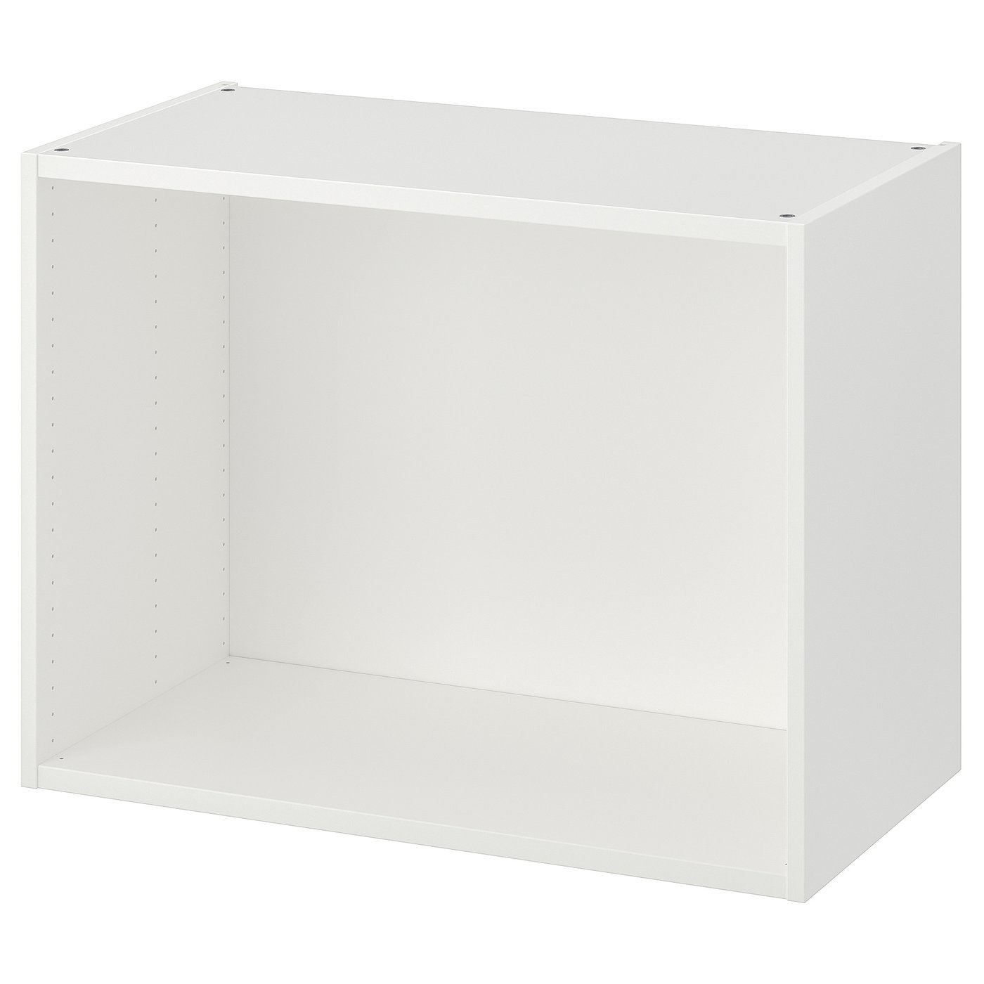 White PLATSA storage unit. Minimalist, rectangular, open-backed, easy-to-assemble design. Made of fibreboard and particleboard.