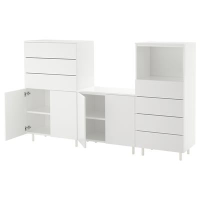 White PLATSA storage units, modern minimalist design, adjustable feet, shelves, drawers.