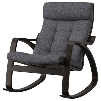 POÄNG rocking chair, black frame, gray cushion, curved lines, supportive & comfortable.