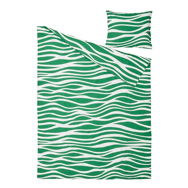 Displays a PORTLAKMÅLLA bedding set in green, featuring wavy striped patterns, with a soft cotton/viscose blend.