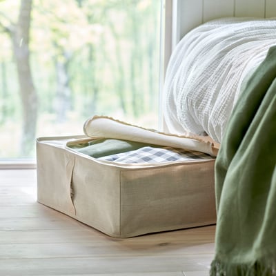 PURRPINGLA Storage case, textile/beige, 43x53x19 cm