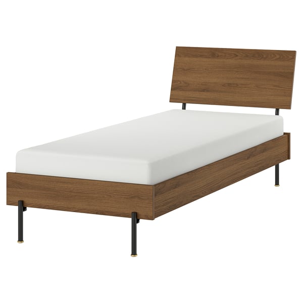 Minimalist modern bed, RÅDMANSÖ, walnut wood, black legs, white mattress.