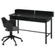Option: Black RIDSPÖ desk and fjällberget chair. Desk has drawers and a shield. Chair has a curved back and wheels.