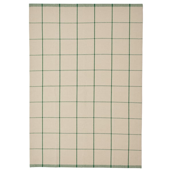 RIDSTIG: off-white and green checkered cotton rug, rectangular, with flat weave for easy cleaning.