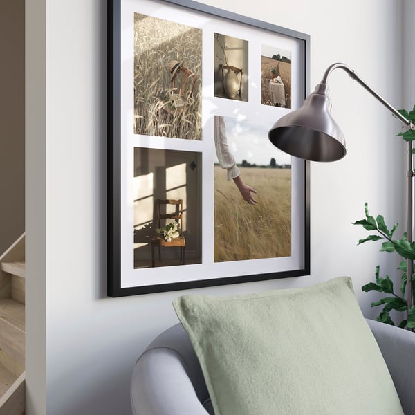 Stylish RÖDALM frame with five photos, chair, and plant.