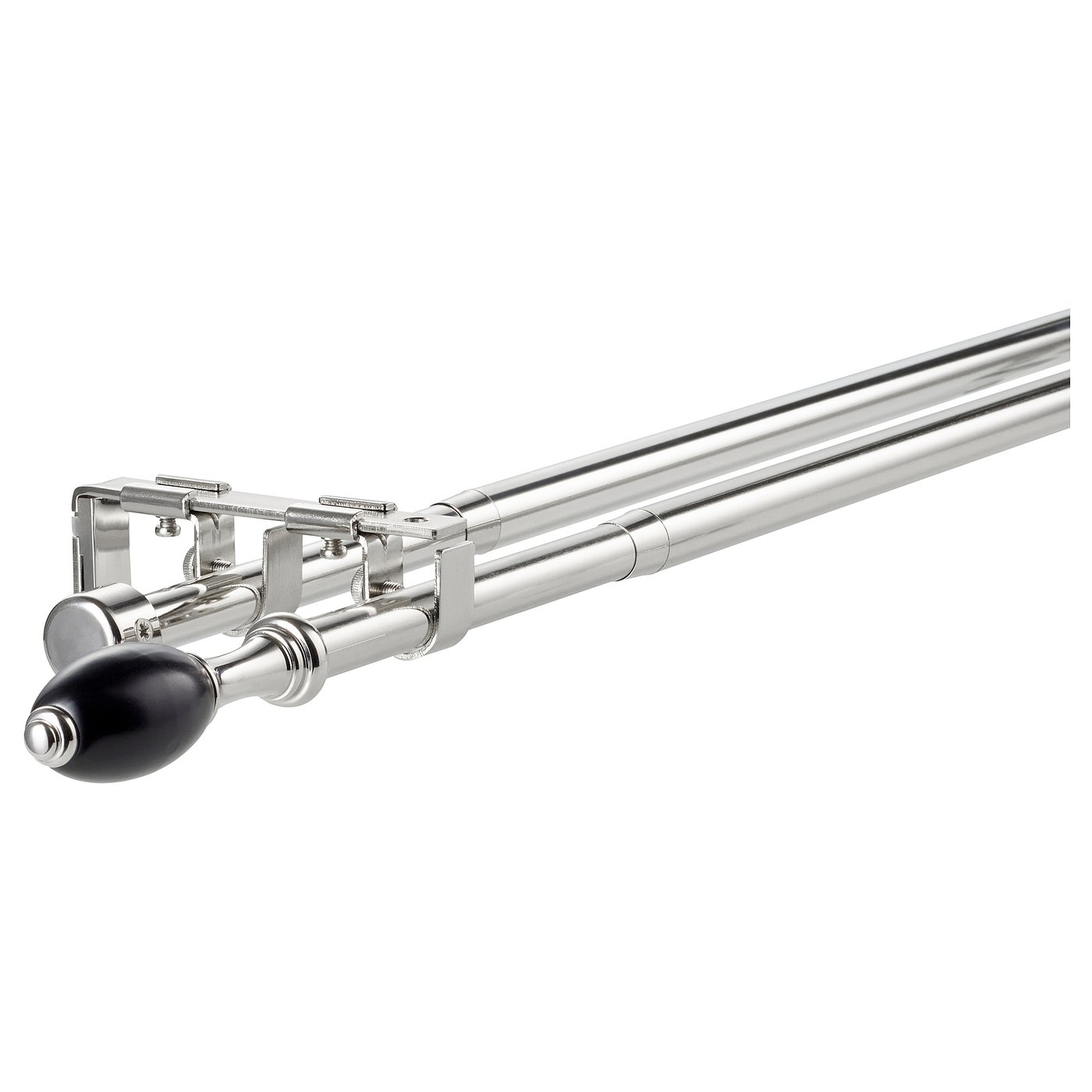Double curtain rod set, silver with black ends, steel and plastic parts. Modern, minimalist design.