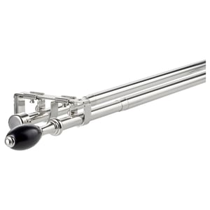 Double curtain rod set, silver with black ends, steel and plastic parts. Modern, minimalist design.