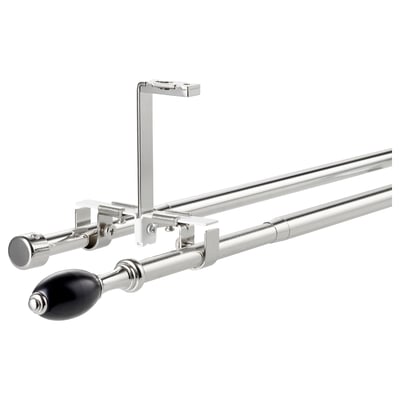 Double curtain rod set, silver with black ends, steel and plastic parts. Modern, minimalist design.