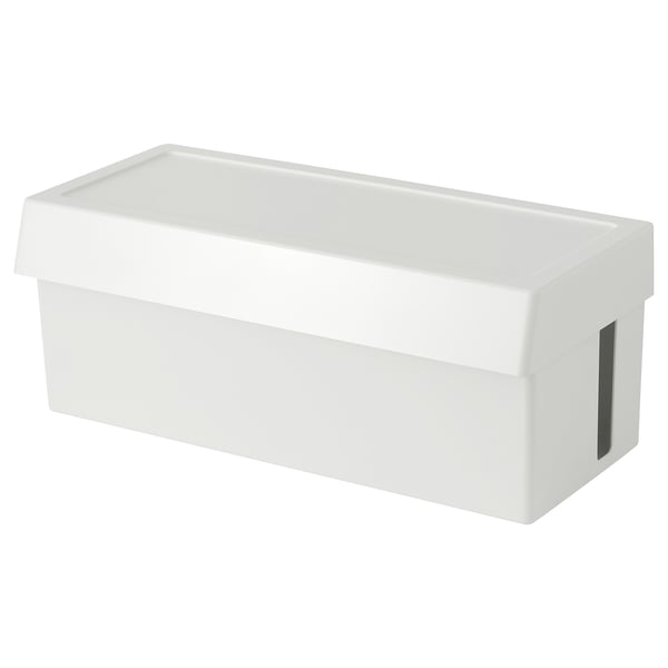 A white plastic storage box named SÄTTING, designed to hide and organize cables and chargers.
