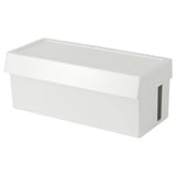A white plastic storage box named SÄTTING, designed to hide and organize cables and chargers.