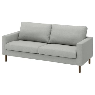 Modern grey sofa, light upholstery, clean lines, wooden legs.