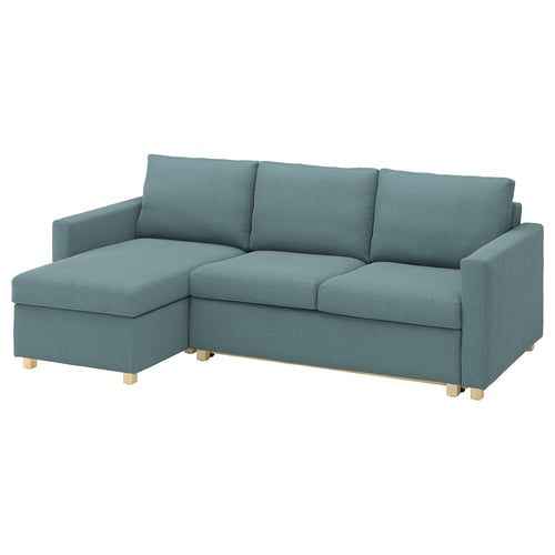 Truncate a teal, corner sectional sofa with laptop-friendly back, wooden legs, and a minimalistic, modern design.
