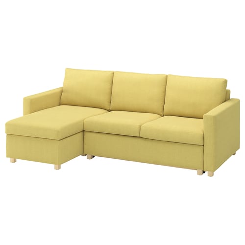 Bright yellow l-shaped sofa with wooden legs, soft upholstery, and a modern design.