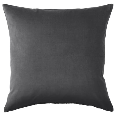 A SANELA charcoal grey cushion cover. Its made of soft cotton velvet with a subtle sheen, square-shaped with a zipper closure.