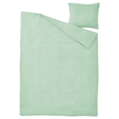 SCHERSMIN bed set in light green, organic cotton muslin with wavy texture.