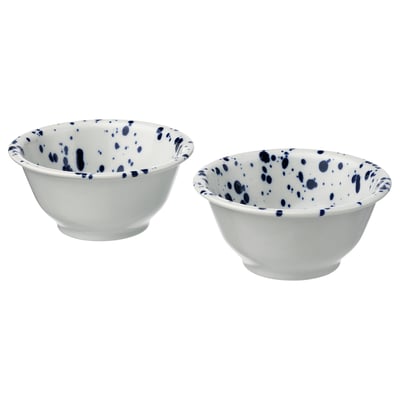 Two white bowls with blue splatters, round shape, stoneware material.