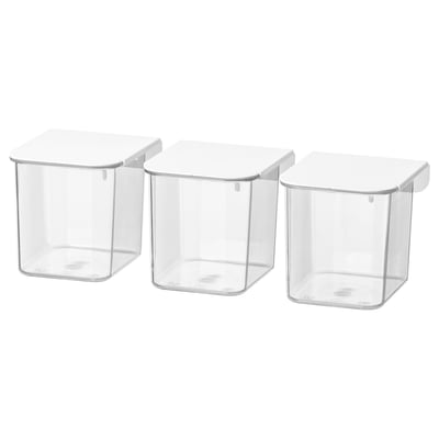 Three clear plastic storage boxes with white lids, square shape, stacked neatly for organized storage.