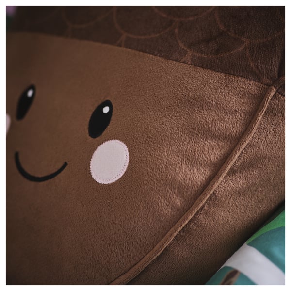 Stuff toy with smiling face; soft, recycled material; zipper on back for storage