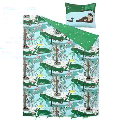 Green SKOGSDUVA bedding with otter designs, includes duvet & pillowcase.