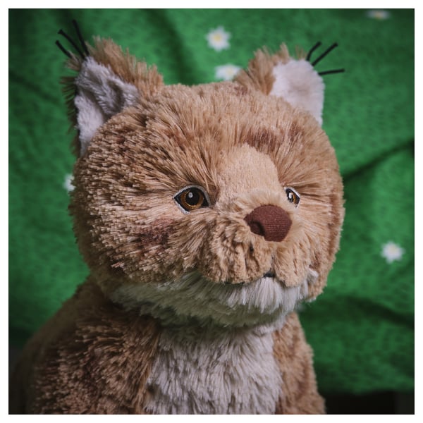 Lynx plush toy with embroidered details on green background.