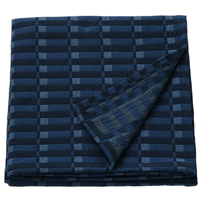 Folded blue checkered cotton SKOGSKOVALL blanket, square shape, dark and light grey shades.