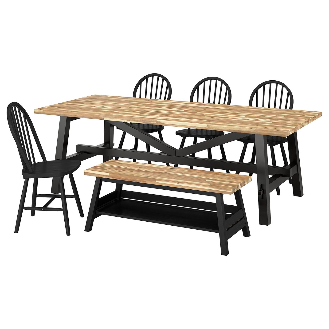 SKOGSTA / SKOGSTA table+4 chairs+bench, acacia/black/black acacia