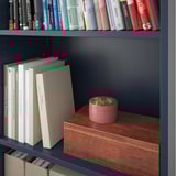 Blue bookcase with wooden shelf holding art books and a red box.