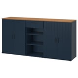 SKRUVBY unit: blue cabinet, wood top, storage shelves and drawers, vertical panels, handles.