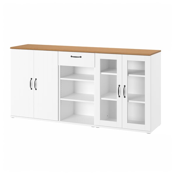 A white SKRUVBY cabinet with glass doors and wooden countertop.