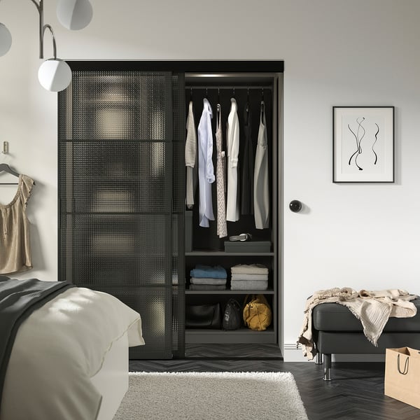 SKYTTA / LUNDBRÄSMA Sliding door combination, black/checkered glass, 152x205 cm