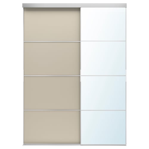 SKYTTA sliding closet doors. Two-tone, cream and white, with clear panels. Modern, minimal design, sleek aluminium frame.