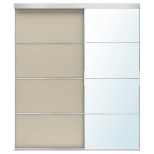 SKYTTA: white sliding closet doors with frosted panels, sleek aluminum frame, modern design.