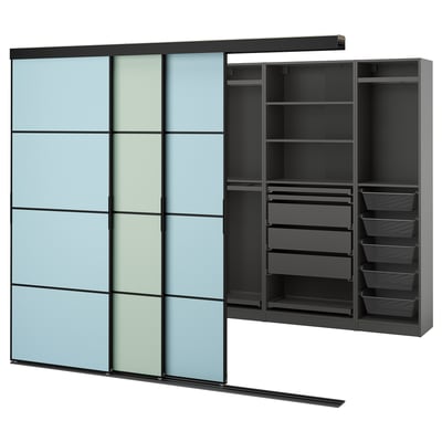 SKYTTA wardrobe: modern grey sliding closet with blue-tinted mirror panels, organized storage shelves, and mesh pull-outs.