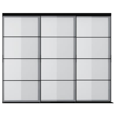 SKYTTA sliding door, three clear glass panels framed in black aluminum, rectangular.