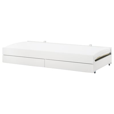 A white under-bed storage unit with two drawers and slatted bed base. Modern design, ideal for space-saving.