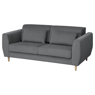 Modern grey SLATORP sofa, sleek design with wooden legs, comfortable cushions.
