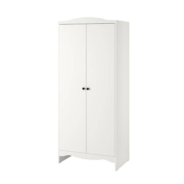A white SMÅGÖRA wardrobe. Its a tall, rectangular cabinet with double doors, featuring black knobs and rounded edges for safety.