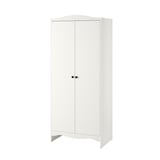 A white SMÅGÖRA wardrobe. Its a tall, rectangular cabinet with double doors, featuring black knobs and rounded edges for safety.