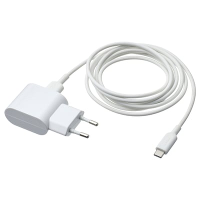 White SMÅHAGEL usb charger with coiled sittbrunn cable, usb-c end.