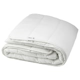 This image shows a white SMÅSPORRE duvet, neatly folded, made from cotton and polyester with a recycled hollow fibre filling.