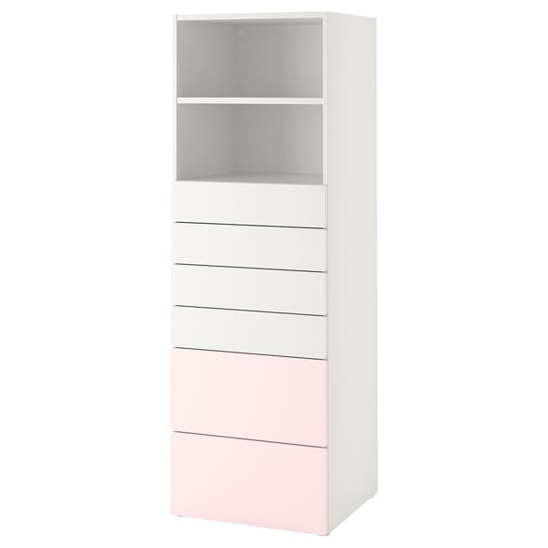 A white SMÅSTAD storage tower with pink drawers. It has multiple storage compartments, including open shelves at the top and four drawers.