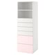 Option: A white SMÅSTAD storage tower with pink drawers. It has multiple storage compartments, including open shelves at the top and four drawers.