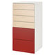 SMÅSTAD chest in white and red. Five drawers, wooden tops, colorful bottoms, sleek modern design.