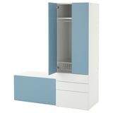A white and light blue SMÅSTAD kids wardrobe with a hanging rail and drawers. The wardrobes door is open, revealing an inner basket.