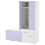 A tall storage cabinet, named SMÅSTAD, in white and light purple featuring open drawers and a closet with racks and baskets.